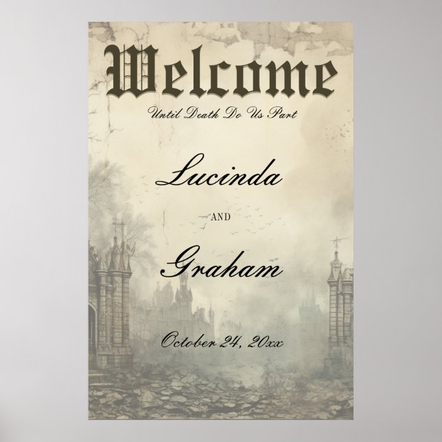 Gothic Moody Scenes Vintage Cream & Black Wedding Poster (Front)