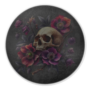 Gothic Moody Skull with Flowers Ceramic Knob