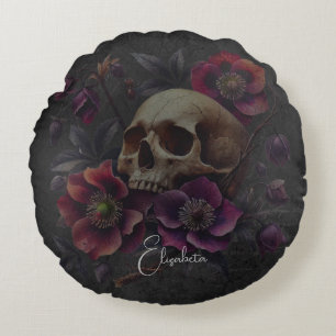 Gothic Moody Skull with Flowers Round Pillow