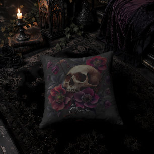 Gothic Moody Skull with Flowers Throw Pillow