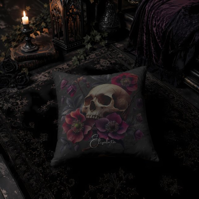 Gothic Moody Skull with Flowers Throw Pillow (Creator Uploaded)