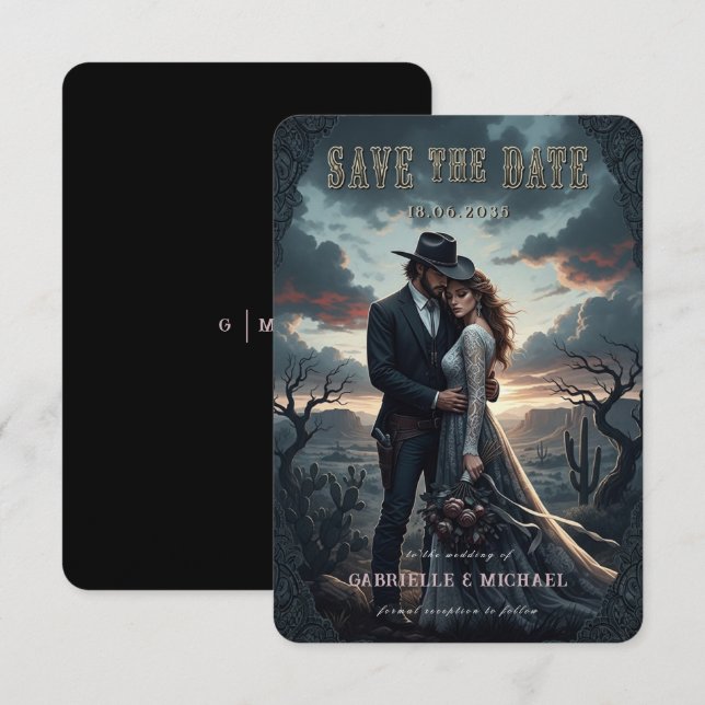 Gothic Moody Western Cowboy Wedding Save The Date (Devant / Derrière)