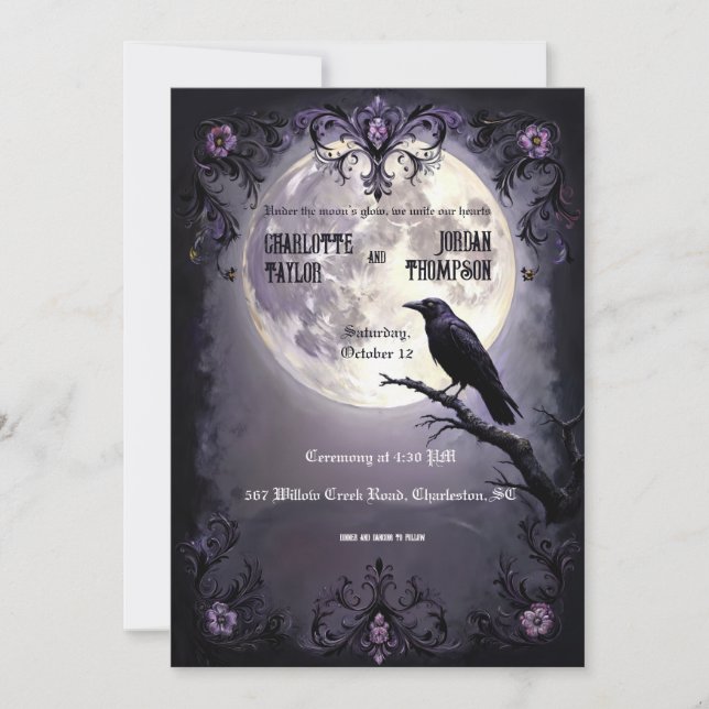 Gothic Moon & Raven Wedding Invitations Dark Style (Front)