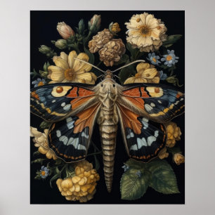 Gothic Moth And Flowers Art Print Poster