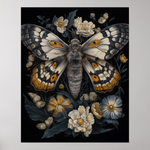 Gothic Moth And Flowers Art Print Poster