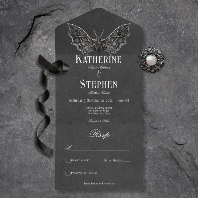 Gothic Moth Moody Black & White Dinner All In One Invitation (Gothic Moth Moody Black & White All In One Wedding Invitation without Dinner Options)