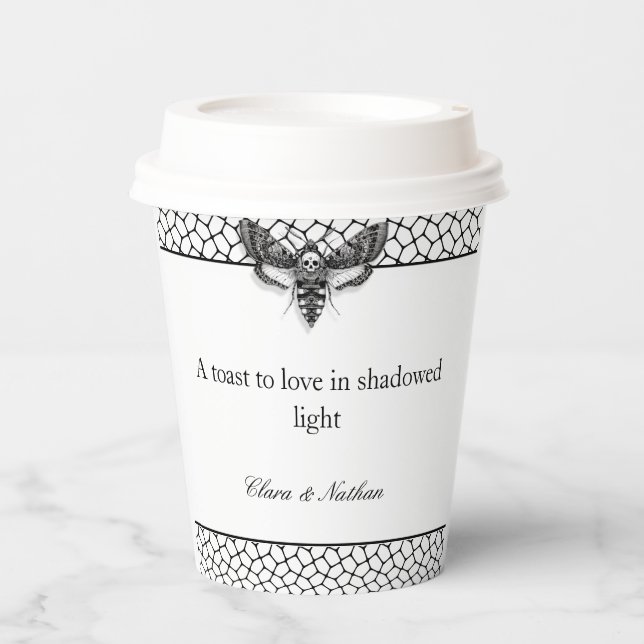 Gothic Moth Skull Wedding – Black & white Paper Cups (Front)