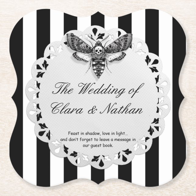 Gothic Moth Skull Wedding – Dark Elegant  Paper Coaster (Front)