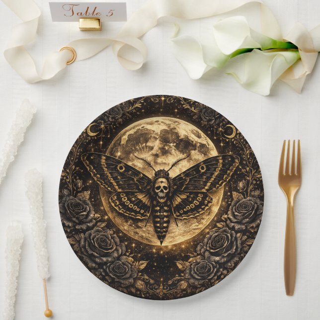 Gothic Moth Skull Wedding – Dark Elegant  Paper Plate (Wedding)