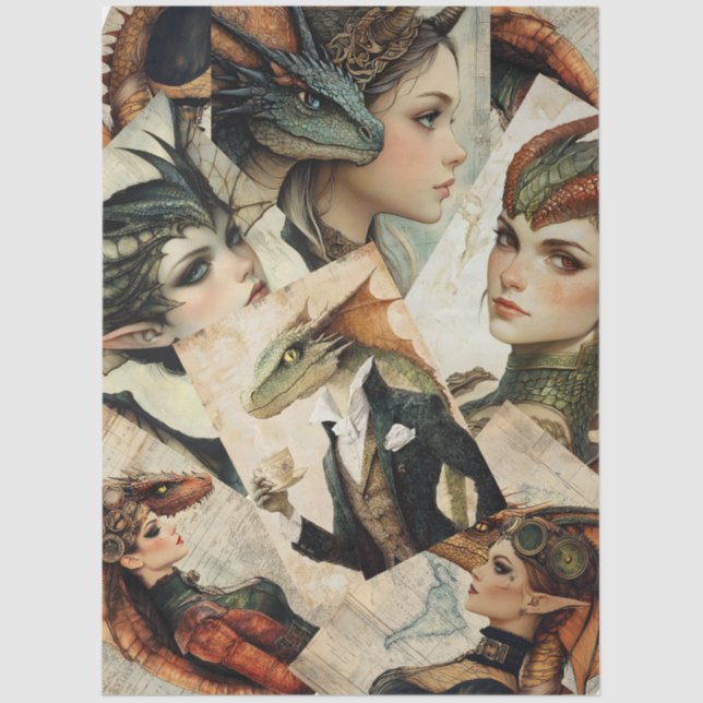 Gothic Mythological Nymph Fantasy Dragon Collage Tissue Paper (Front)