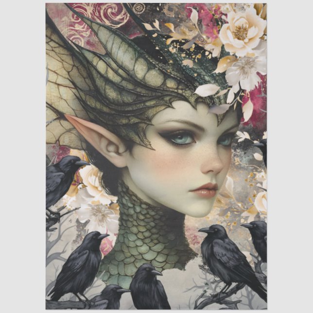 Gothic Mythological Nymph Fantasy Dragon Collage Tissue Paper (Front)