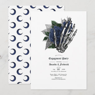 Gothic Navy Blue Roses & Skeleton Hand Engagement Invitation