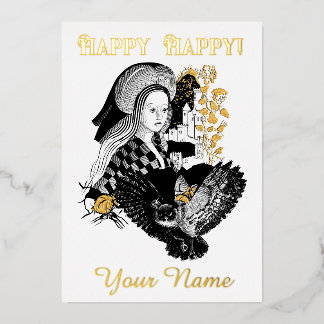 Gothic Night Owl and woman Foil Holiday Card