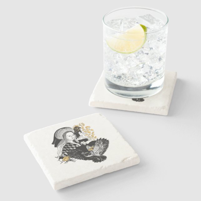 Gothic Night Owl and woman Stone Coaster (Side)