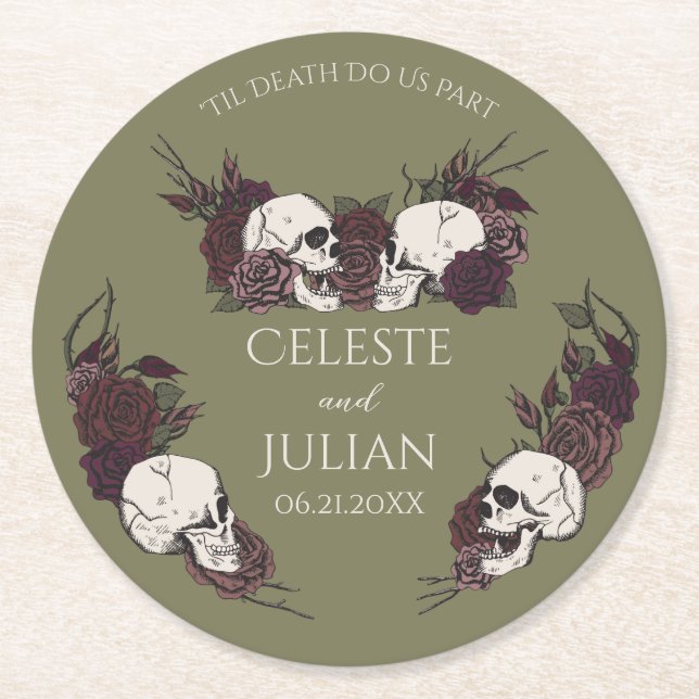 Gothic Olive Green Floral Til Death Wedding Round Paper Coaster (Front)