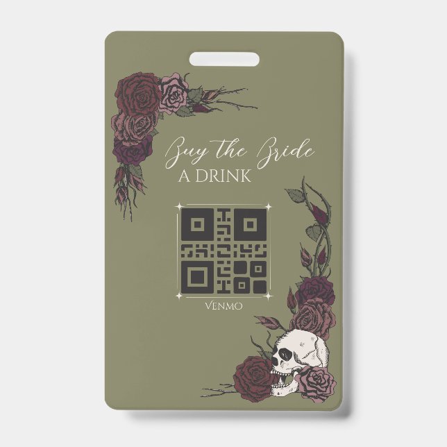 Gothic Olive Green Skull Buy the Bride a Drink Badge (Front)