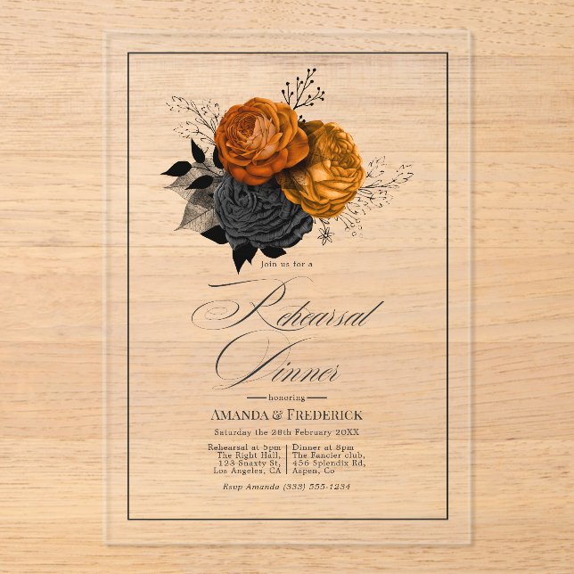 Gothic Orange and Black Floral Rehearsal Dinner Acrylic Invitations (Front)