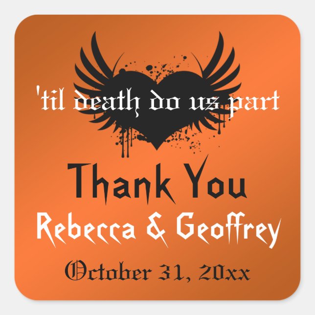 Gothic Orange, Black Winged Heart Wedding Sticker (Front)