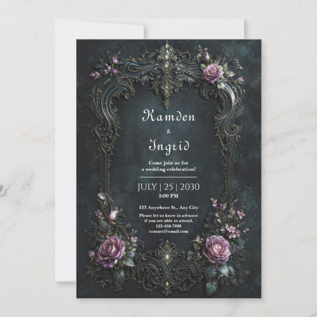 Gothic Ornate Purple Rose Filigree Wedding Invitation (Front)