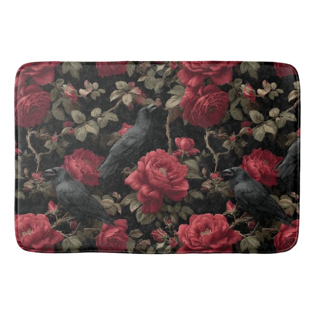 Gothic Pattern with Red Roses and Crows Bath Mat (Front)