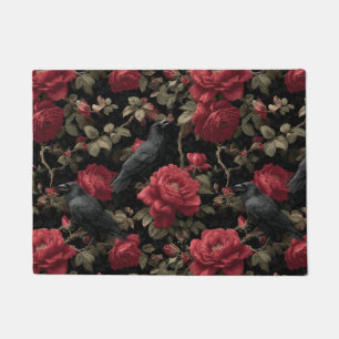 Gothic Pattern with Red Roses and Crows Doormat