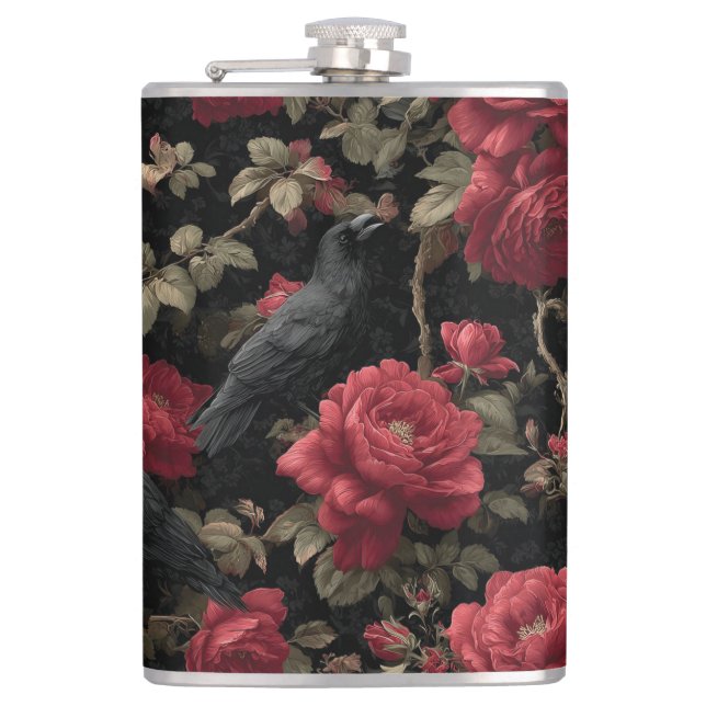 Gothic Pattern with Red Roses and Crows Hip Flask (Front)