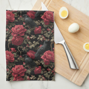 Gothic Pattern with Red Roses and Crows Kitchen Towel