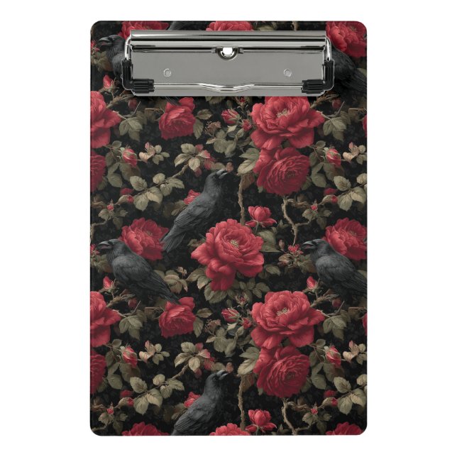 Gothic Pattern with Red Roses and Crows Mini Clipboard (Front)