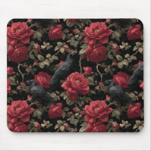 Gothic Pattern with Red Roses and Crows Mouse Pad