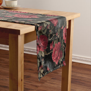 Gothic Pattern with Red Roses and Crows Short Table Runner