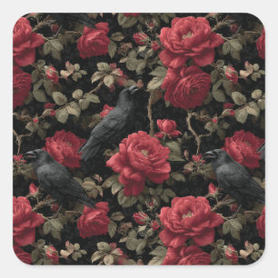 Gothic Pattern with Red Roses and Crows Square Sticker