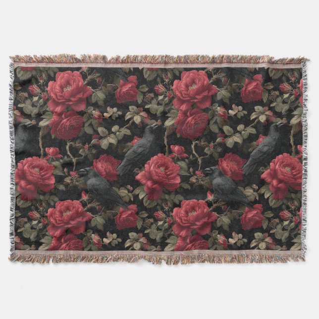 Gothic Pattern with Red Roses and Crows Throw Blanket (Front)