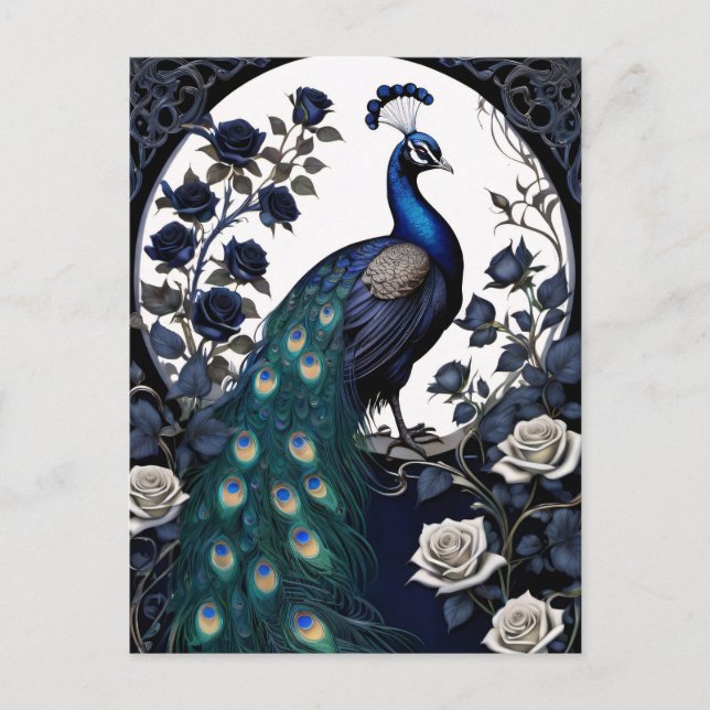 Gothic Peacock Black Roses Postcard (Front)