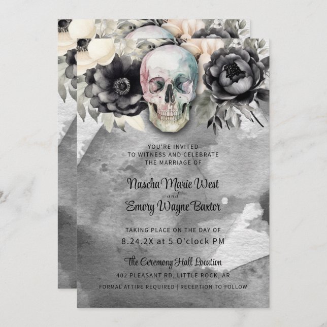 Gothic Peony & Skull Black Floral Wedding Invitation (Front/Back)