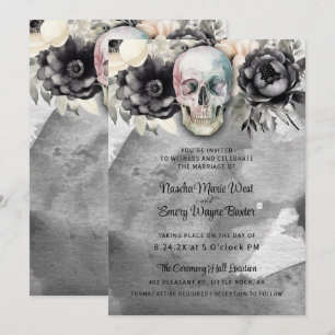 Gothic Peony & Skull Black Floral Wedding Invitation
