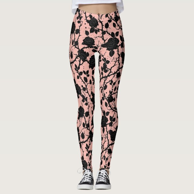 Gothic Pink and black Cemetery roses   Leggings (Front)