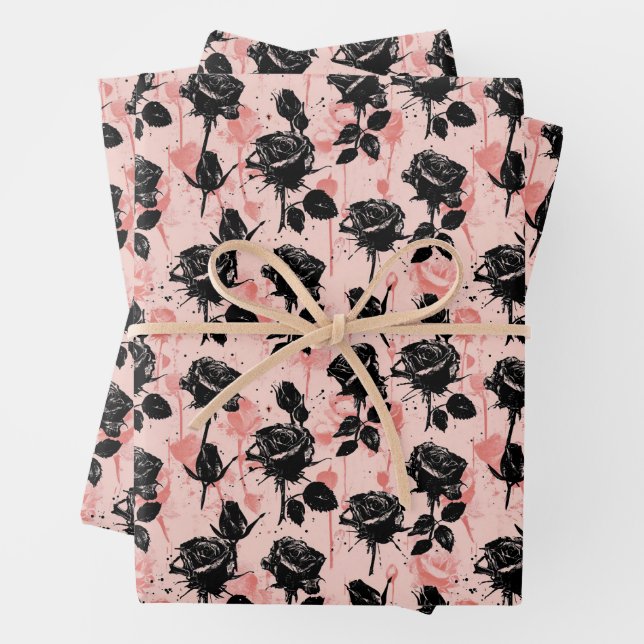 Gothic Pink and black Cemetery roses  Wrapping Paper Sheet (In situ)