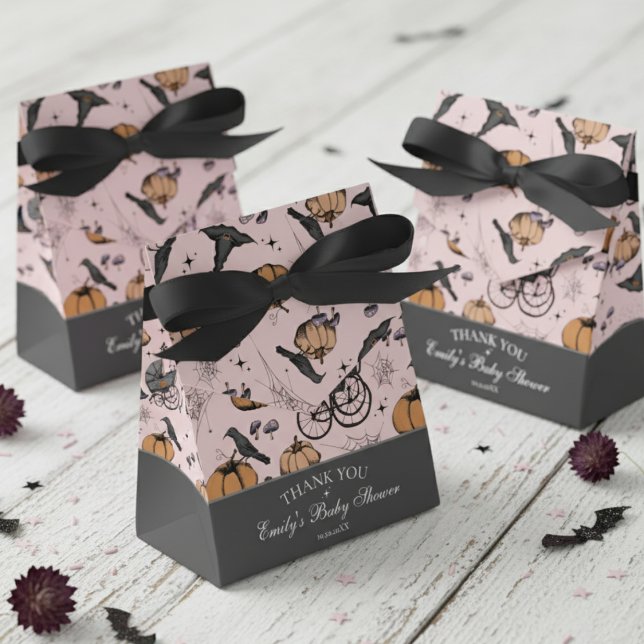Gothic Pink Baby Carriage Baby Shower Thank You Favor Box (Gender Neutral Gothic Pink Halloween Baby Shower Favor Boxes. Vintage Baby Carriage, Black Raven)