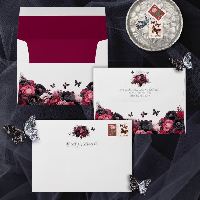 Gothic Pink Red & Black Moody Quinceañera Envelope (Gothic quinceañera envelope with pink, red and black moody florals and butterflies)