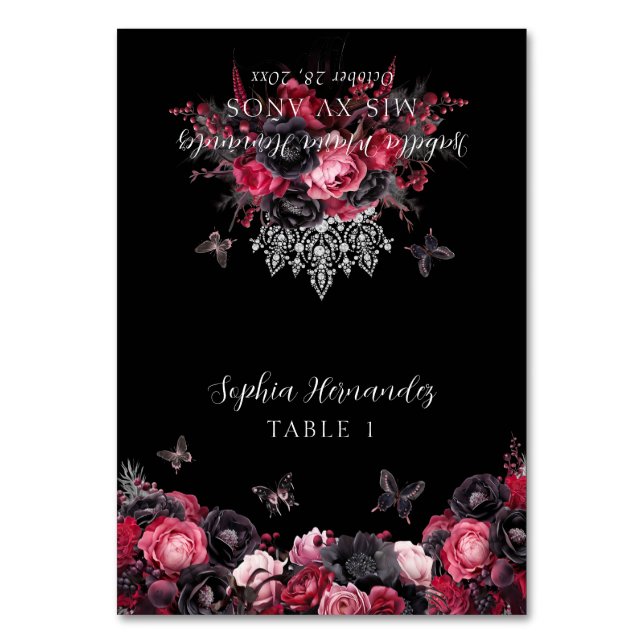 Gothic Pink Red Black Moody Quinceañera Place Card (Front)