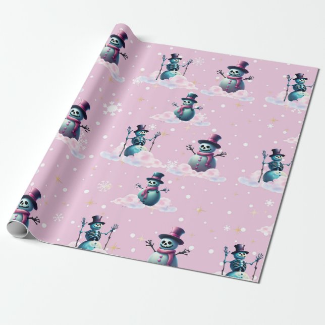 Gothic Pink Snowmen Christmas Wrapping Paper (Unrolled)