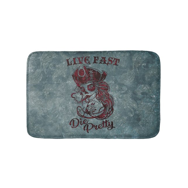Gothic Pirate Skull Woman Live Fast Die Pretty Bath Mat (Front)