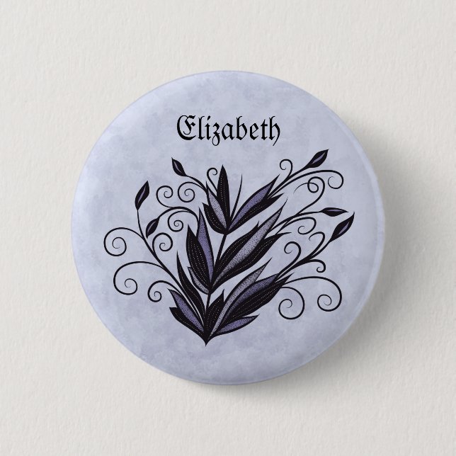 Gothic Plant Art - Black and Purple Floral Name 2 Inch Round Button (Front)