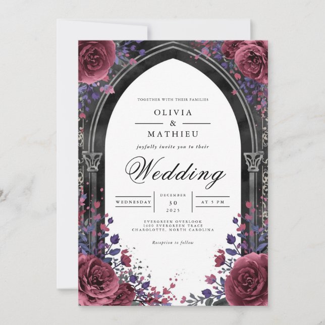 Gothic Plum Arch Floral Wedding Invitation (Front)