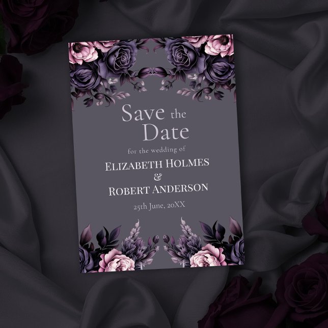 Gothic Plum Floral Save the Date Invitation (Gothic Plum Floral Save the Date Invitation on a gothic wedding table with dark roses)