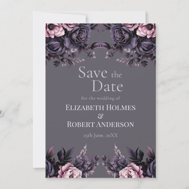 Gothic Plum Floral Save the Date Invitation (Front)