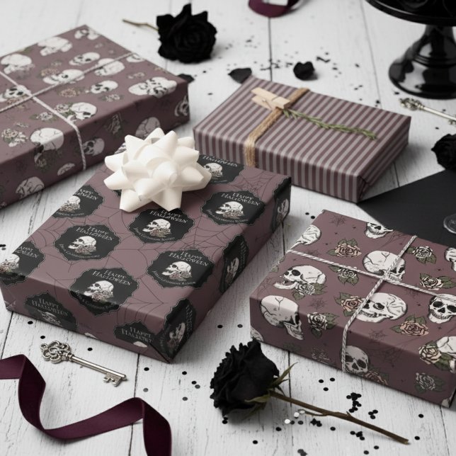 Gothic Plum Purple Skulls and Stripes Halloween  Wrapping Paper Sheet (Gothic Dark Plum Gift Wrap For Her. Vintage Floral Skulls, Roses Pattern. Halloween October Birthday)