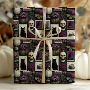 Gothic Postage Stamp Skulls Cats Pumpkins & Floral Wrapping Paper