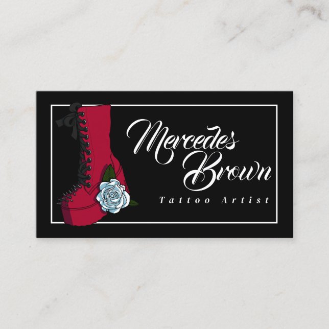 Gothic Punk Boot Rose Black Tattoo Artist Business Card (Front)