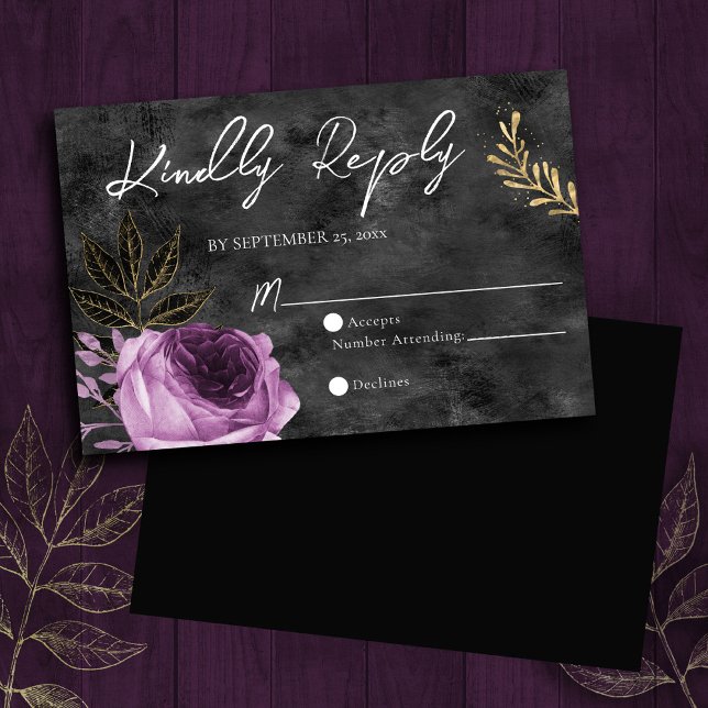Gothic Purple and Black Floral Wedding RSVP Card (Creator Uploaded)